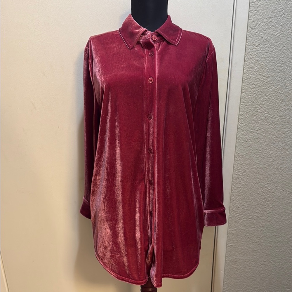 Soft Surroundings Red Oversized Velvet  Cuffed Sleeve Shirt